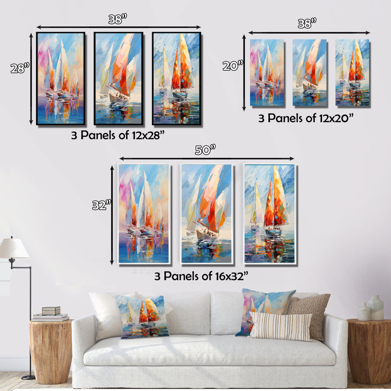 "Voiliers abstraits" - 3 pièces sur toile, H 40 po x l 60 po, Cadre flottant noir