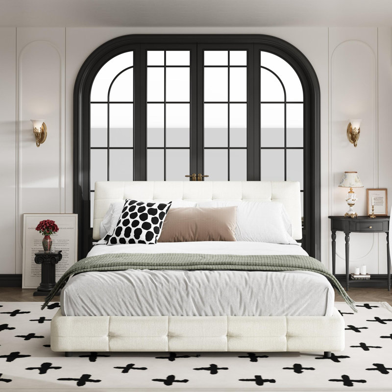 Queen Size Bed Frame with Tufted Headboard, Beige/White, Queen
