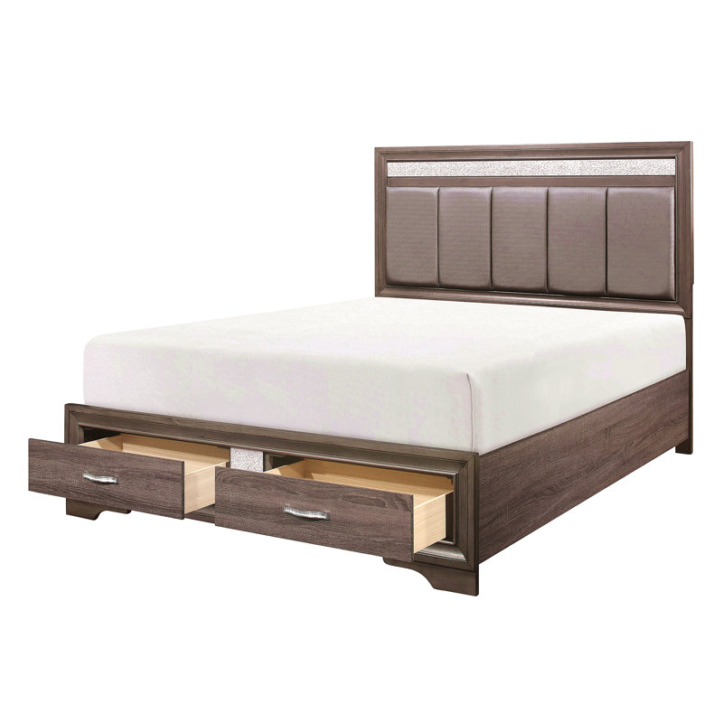Grand lit plateforme avec tête de lit tapissier avec tiroirs de pied de lit, paillettes grises et argentées, mobilier de chambre contemporain