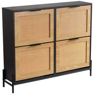 Armoire à chaussures en rotin avec 4 tiroirs rabattables, rangement pour entrée mince, pieds en métal, bois clair