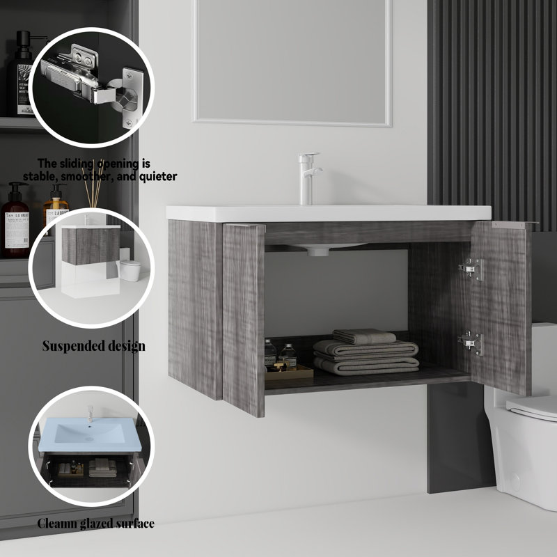 Meuble-lavabo flottant avec lavabo, Gris clair, L 36 po