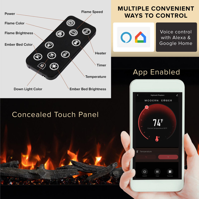 Modern Black 50-Inch Smart Linear Electric Fireplace with LED Flame