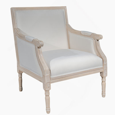 French Accent Chair Traditional Wood Frame Linen Upholstery Distressed Finish Home Decor, Singel