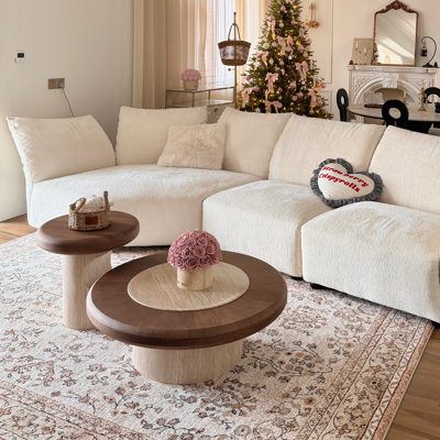 35.43 Inch Round Coffee Table with Walnut Edge & Marble Center  Modern Dual-Material Design