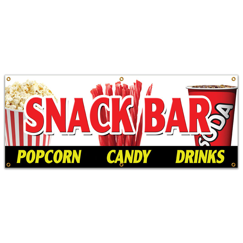 Snack-bar, bonbons, maïs soufflé, bannière, signe, sandwich froid, bouilloire, maïs, H 24 po x l 72 x 0,1