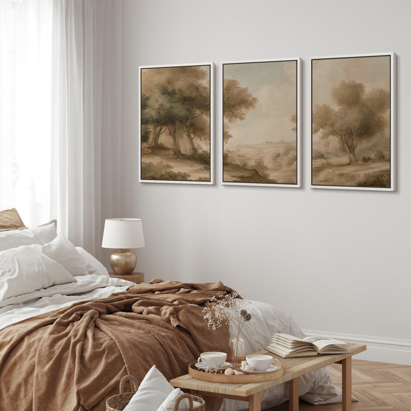 Sépia Woodland Horizon avec arbres et Rolling Hills - photos, impression sur toile encadrée 3 pièces, Cadre blanc