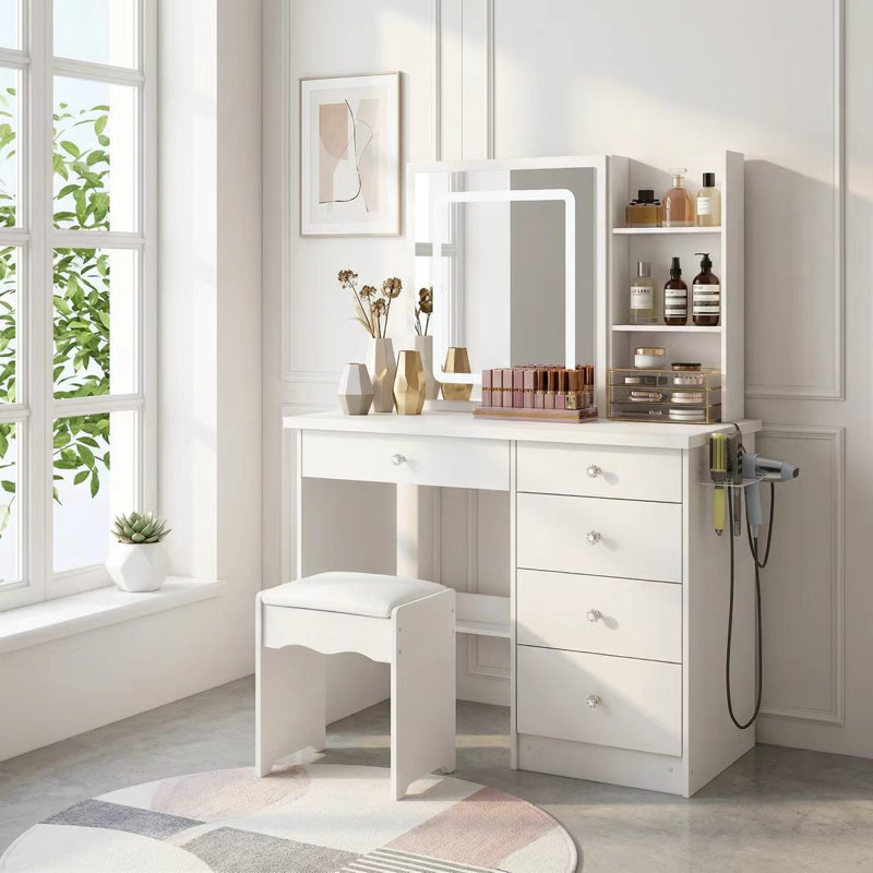 Aneirin 39.4'' Wide Vanity Set With Socket & Sliding Mirror, White
