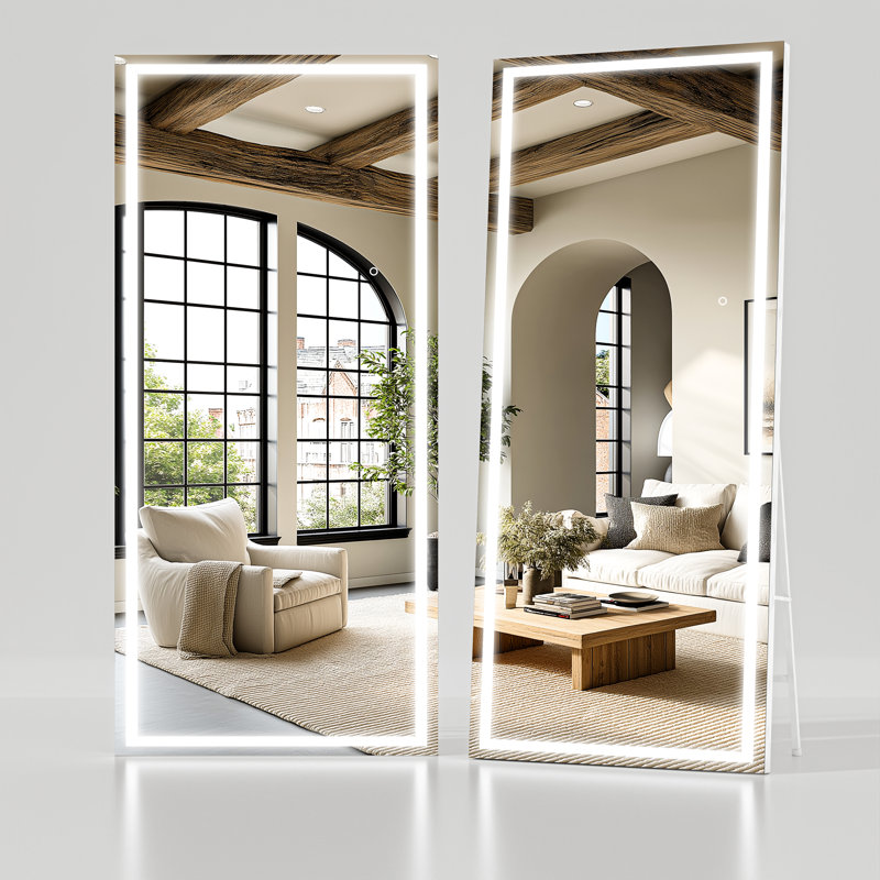 Modern & Contemporary Lighted Full Length Mirror with Temepered Glass & 3 Years Warranty, White, 70" x 32"