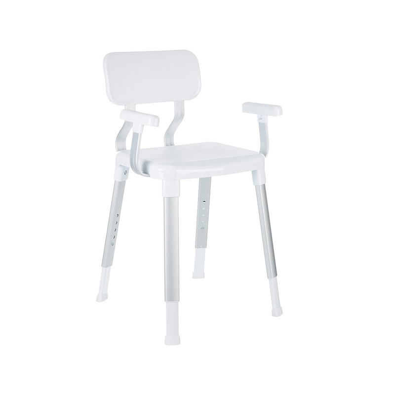 Adjustable White Plastic Shower Chair with Arms and Backrest