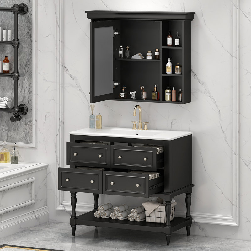Meuble-lavabo de 36 po avec armoire à pharmacie, armoire à miroir moderne avec tablette réglable, armoire de rangement pour salle de bain à 4 tiroirs, armoire de rangement pour cadre de salle de bain en bois massif