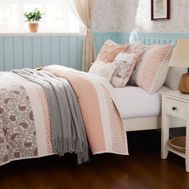 Ensemble de courtepointe réversible en percale de coton avec coussins décoratifs, Queen Quilt + 5 Additional Pieces, Rosé