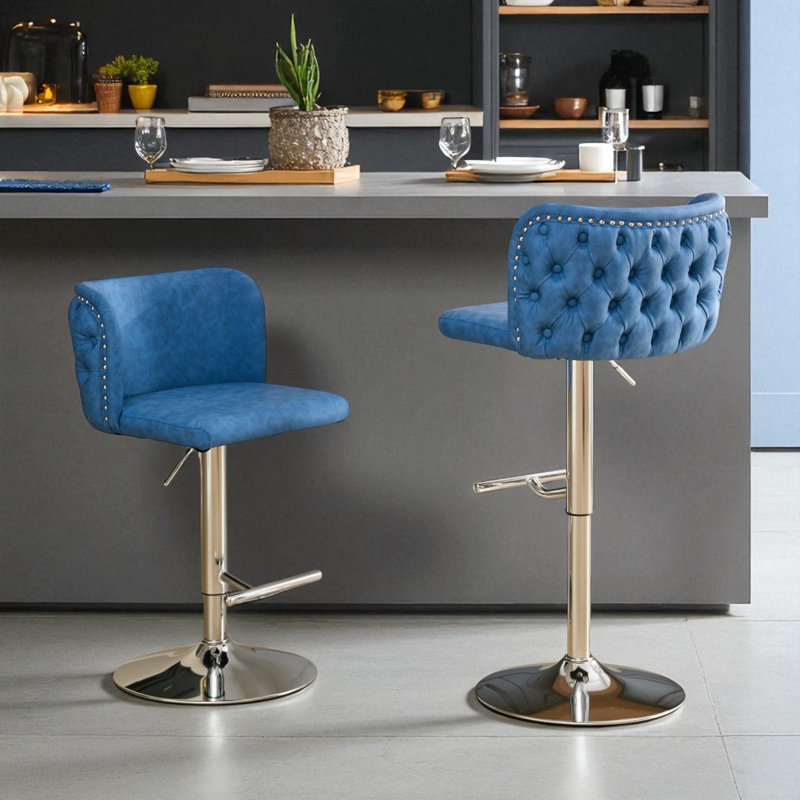 Zager Swivel Adjustable Height Bar Stool, Modern PU Leather Kitchen Island Counter Bar Chair , Blue Seat/ Silver Frame