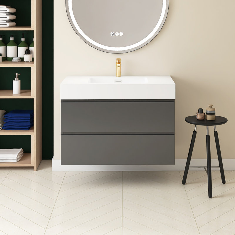 Meuble-lavabo simple 36 po avec plateau Semyah, Blanc, Gris
