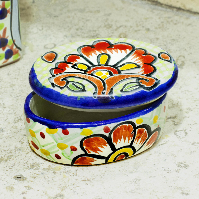 Hand-Painted Ceramic Floral Design Decorative Storage Box