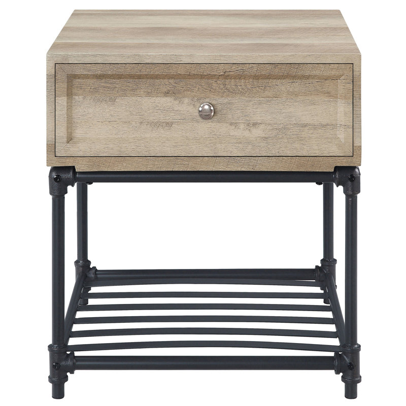 Industrial Rustic End Table With Shelf, Sandy Black And Oak Finish Rectangular In Fashion, Surface