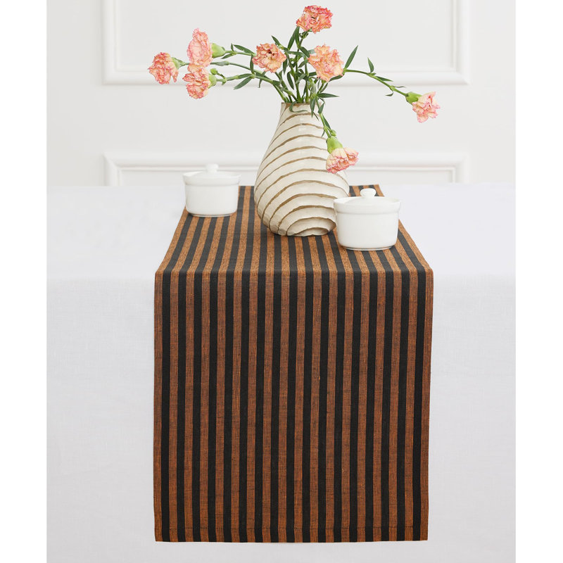 Amalfi Stripe - 100% Pure Linen Table Runner, 90" x 14", Pumpkin/Black