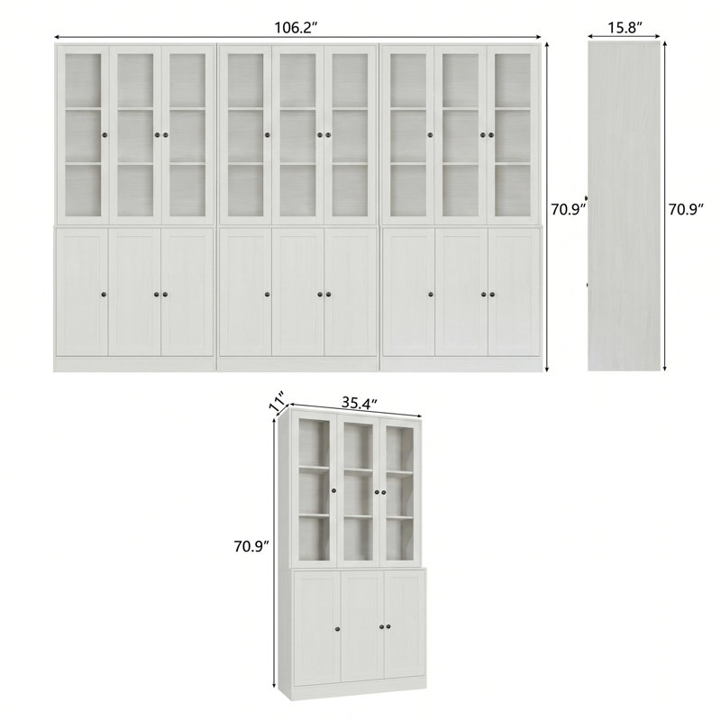106.3" W X 70.9"H Book Cabinet Storage Bookcase, 5-Tier Modern Bookshelves With 18 Doors, White