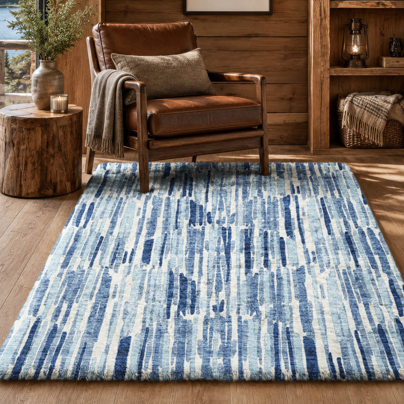 Tapis Dream Shag ADS739 Lines, lavable à la machine, de qualité supérieure, Blue, 5' x 7'6"