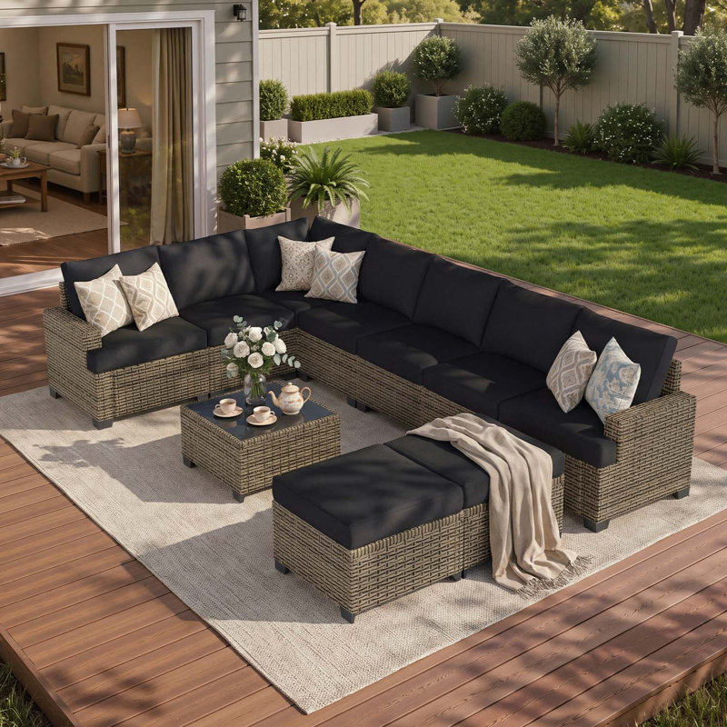 Ensemble de conversation modulaire de patio 10 pièces avec résine tressée en PE, coussins noirs de 10 cm et table basse