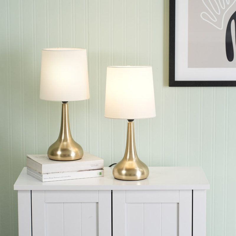 Riorita Pair of Chrome Touch Table Lamps with Fabric Shade and LED Bulbs, Cream, Brushed Gold, Yes