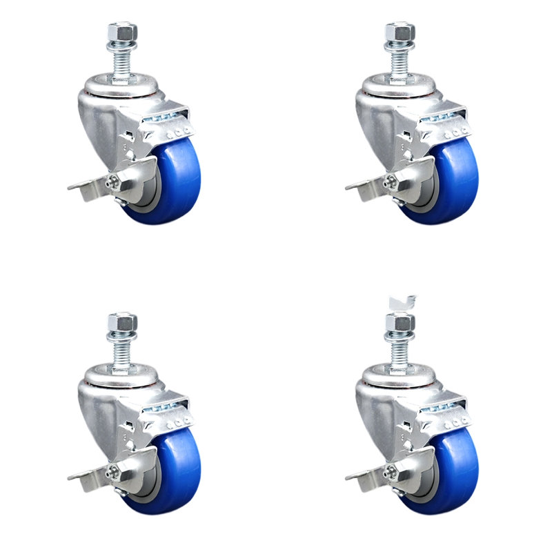 Ensemble de roulettes à tige filetée 3,5 mm en polyuréthane pivotant 3,5 mm SCC, Bleu
