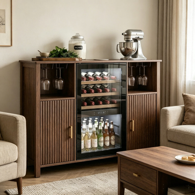 Buffet-bar à café cannelé brun de 135 cm avec compartiment mini-réfrigérateur, casier à vin amovible et tablettes ajustables