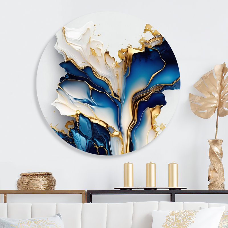 Abstract Geode Gold And Blue Marble Shape III - Abstract Marble Round Wall Art on Metal, 36" W x 36" H
