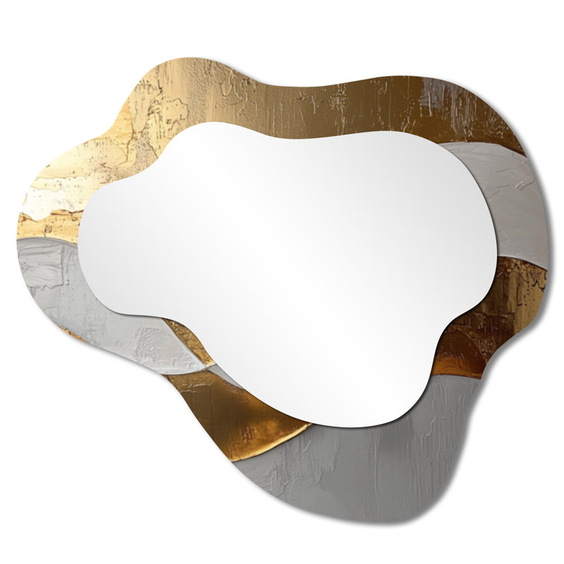 Vagues d'introspection en or et blanc I - miroir mural asymétrique, miroir de coiffeuse moderne, imprimé sur métal
