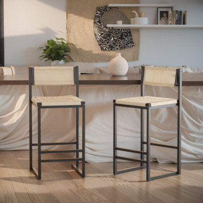 Set of 2 Paper Cord Woven Back Bar Stools