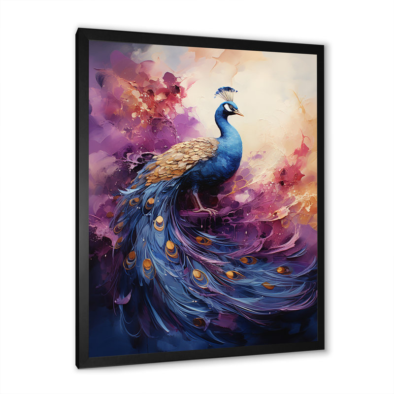 Golden Fushia Peacock Surge - art mural sur toile paon, H 32 po x l 16 po x P 1 po, Cadre simple noir