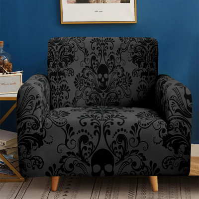 Gothic Skull Damask Stretch Sofa Slipcover, Black and Gray Microfiber Digital Print, Machine-Washable Non-Slip Couch Protector, Fits Chair, Loveseat, Sofa & XL Sofa