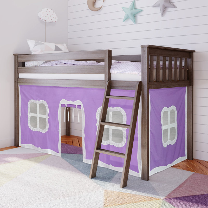 Lit mezzanine simple en bois massif avec rideau Ethridge Kids, Argile, Mauve