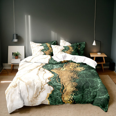 Orylavena Emerald Green, White and Gold Marble Print Microfiber Duvet Cover Set with 2 Pillowcases, Queen, 3-Piece (Inserts Not Included)