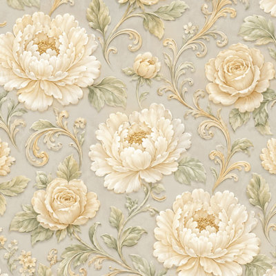 Papier peint auto-adhésif à motif floral de pivoines et de damas crème et l 23,6 po x H 118 po adhésif auto-adhésif amovible pour les chambres de bébé