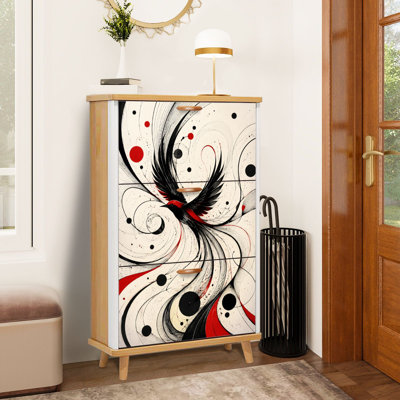 Meuble à chaussures à 3 tiroirs rabattables, motif abstrait d'oiseaux, tourbillons dynamiques noirs et rouges, organisateur de rangement pour chaussures géométrique