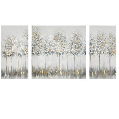 3 Gold Canvas Wall Art , Blue Grey Forest Scene, 27"W X 27"H & 2 13.5"W 27"H , Hand, Hanging, Indoor Only Art, Abstract Design, Hanger