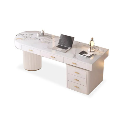 White Free Form Stone+Manufactured Wood with 6 drawers desk
