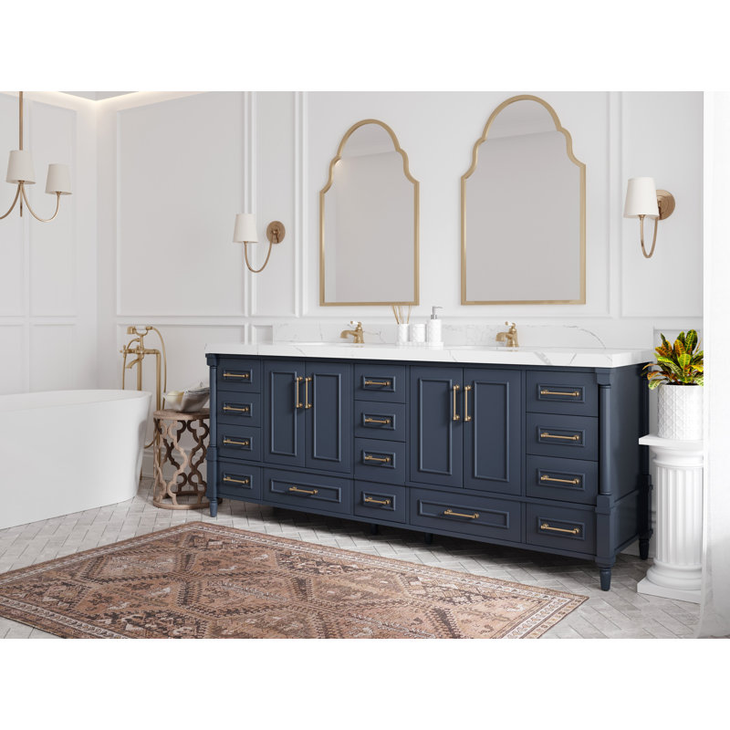 Meuble-lavabo de salle de bain l 84 po x P 22 po x H 36 po Aberdeen, Calacatta Laza, Bleu marine hâlé
