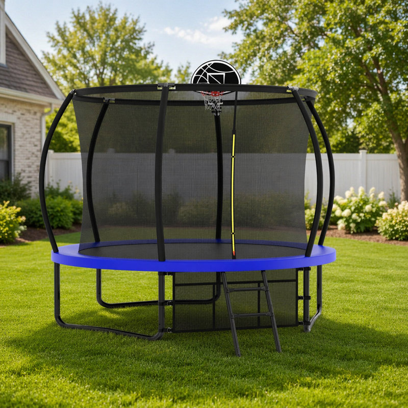 Trampoline 10 pi de style citrouille avec filet de sécurité, sac de rangement et ensemble de basketball pour s'amuser en famille