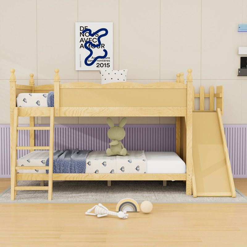 Lit superposé double en bois avec glissière et tablettes de rangement, Natural