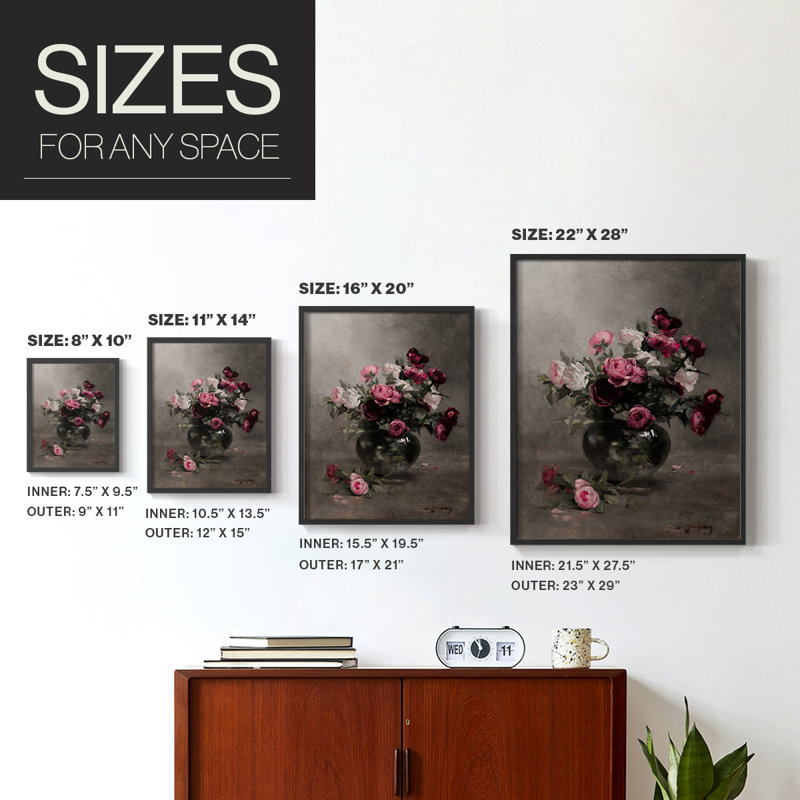 Vintage Floral Print CCLVII Framed Print - Solid Wood, H 30 po x l 24 po, Noir, noir, noir, noir