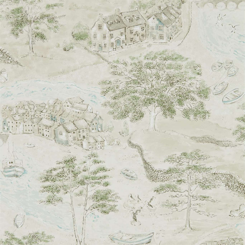 Sea Houses Wallpaper, Green/Sand