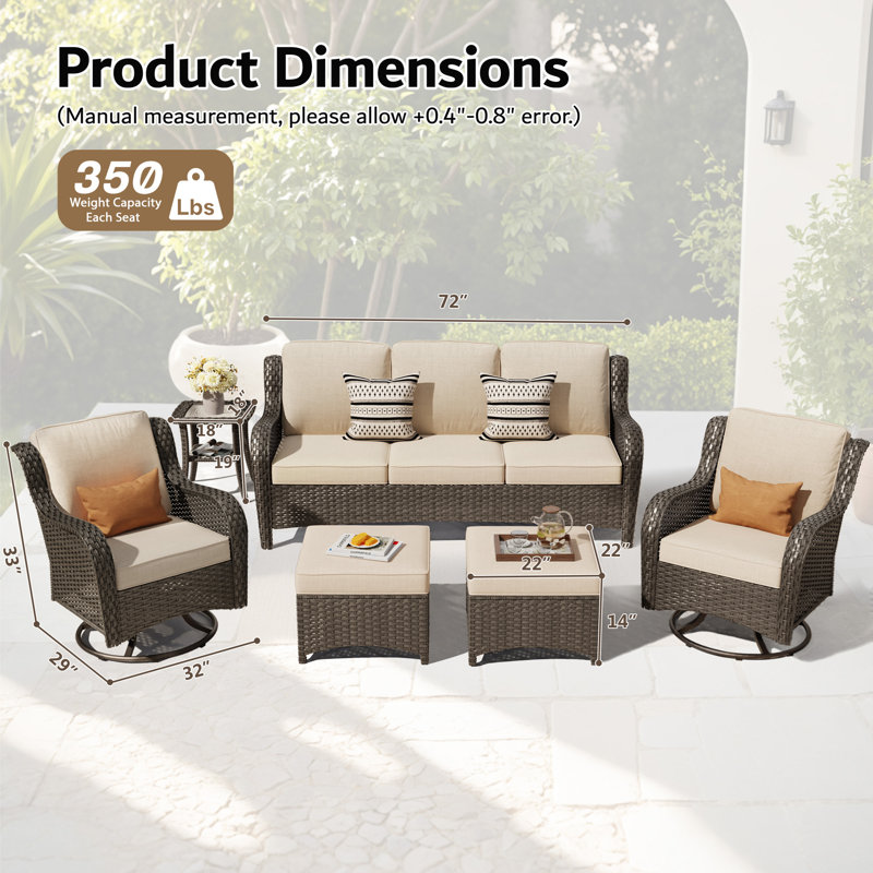 Ensemble de conversation pour 7 personnes avec coussins et chaises berçantes pivotantes pour l'extérieur, Beige, Café