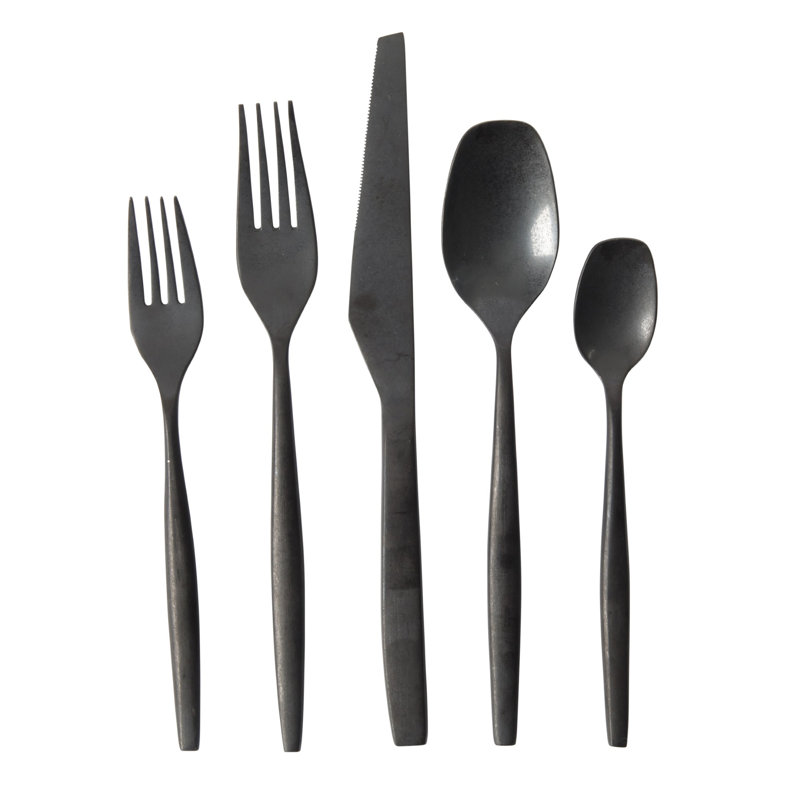 Bloomhouse 20 Piece Stone Washed Flatware 18/10 Stainless Steel Silverware Cutlery Utensil Set With Acacia Wood Caddy , Black