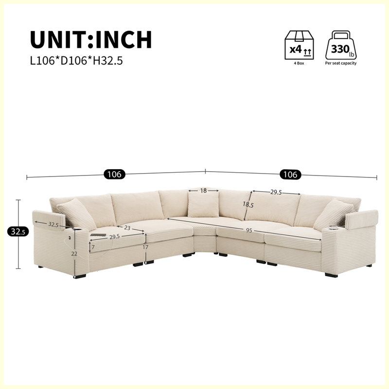 Canapé modulaire moderne en L convertible avec rangement pour accoudoirs, porte-gobelets, chargeur USB pour le salon, Beige
