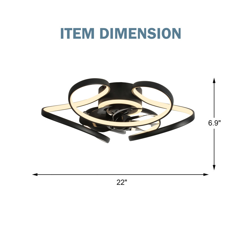 22" Black Modern Flush Mount Low Profile Ceiling Fan with Light and Smart APP Control