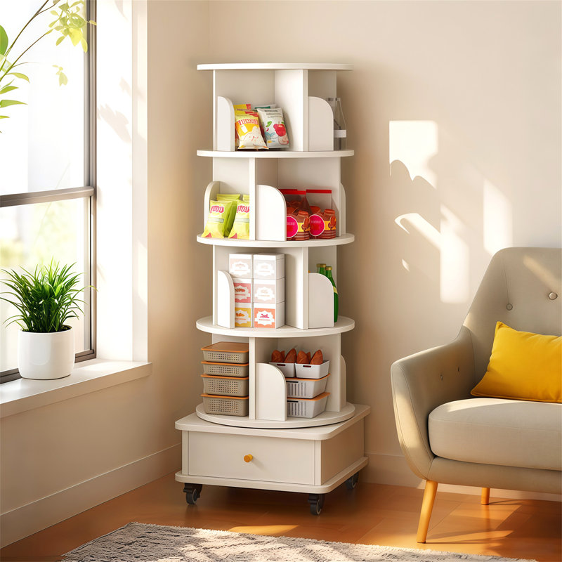 Bibliothèque rotative à 5 niveaux, Blanc, (5 tablettes) H 55,91 po x l 18,11 po x P 18,11 po