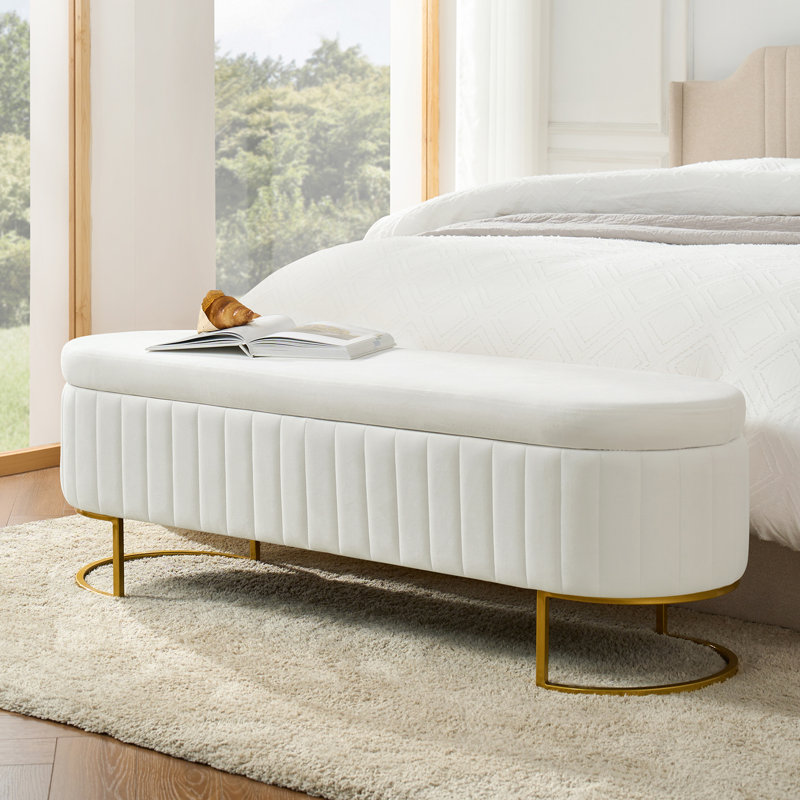 Mandolyn 55" W Storage Bench with Internal Compartmented and Channel Tufted, Ivory
