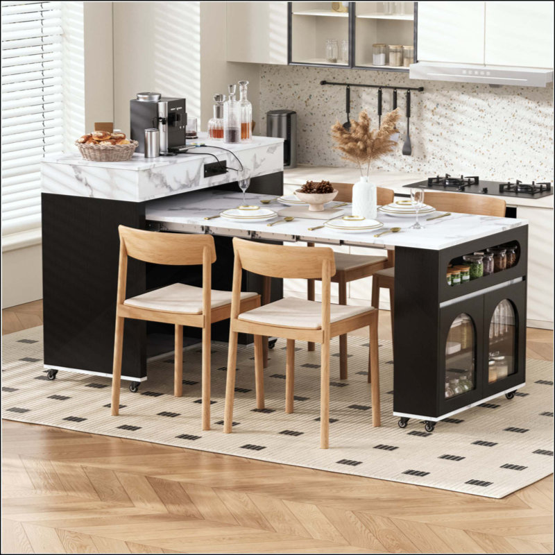 Extendable Dining Table With Extra-Long Folding Top, Rolling Kitchen Island With Drawers, Power Outlet And Brake Lock, Storage Cabinet For Kitchen And Dining Room