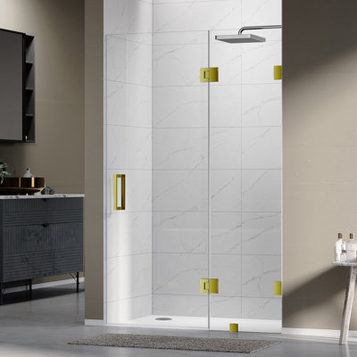 Porte de douche à charnières sans cadre UKH07B3D, 152 à 155 cm de largeur x 203 cm de hauteur, en bronze brossé avec verre clair EnduroShield de 9,5 mm - Porte de 81 cm